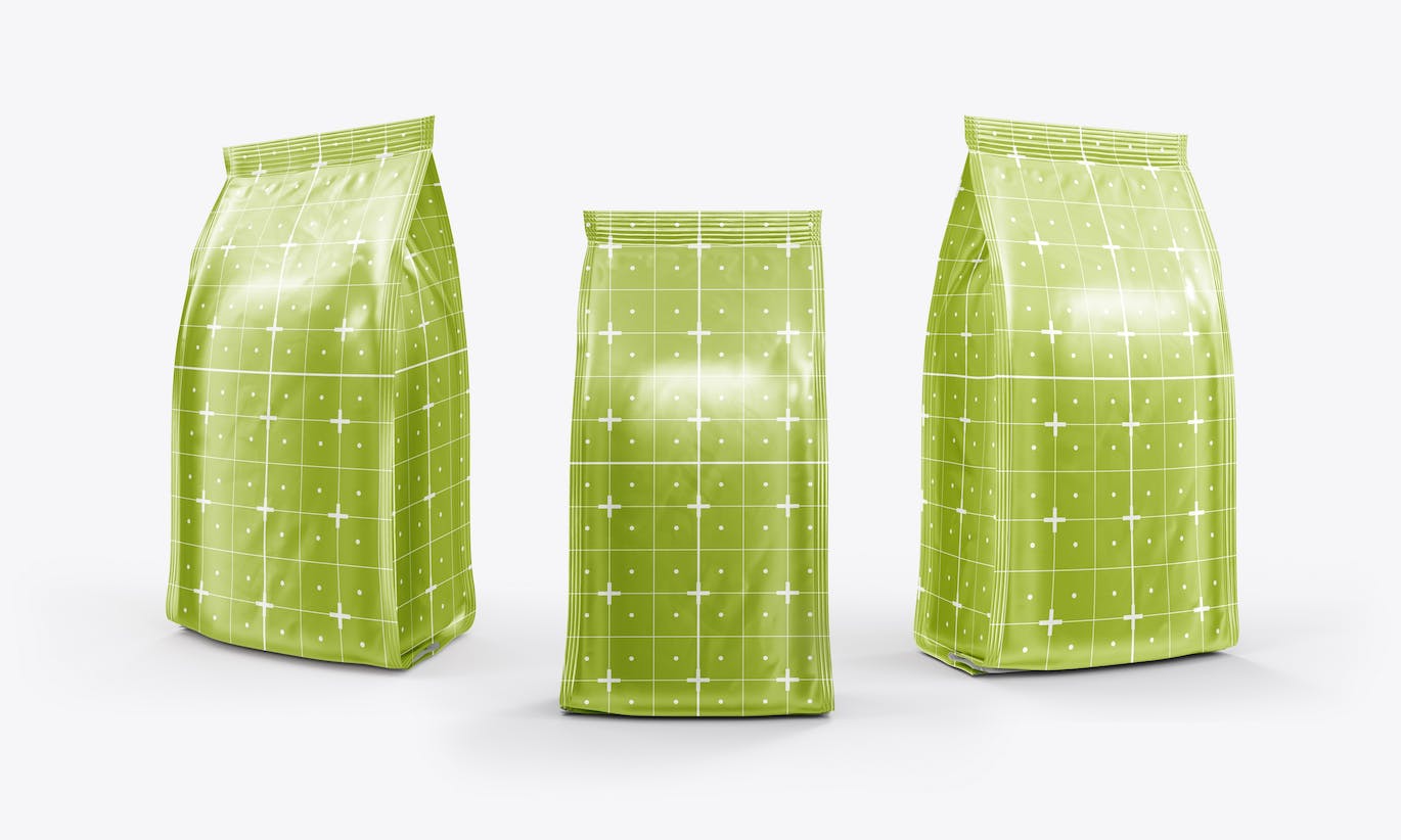 3个箔纸金属咖啡袋包装设计样机图psd模板 Set 3 Metallic Coffee Bags Mockup 样机素材 sucaiwan.com