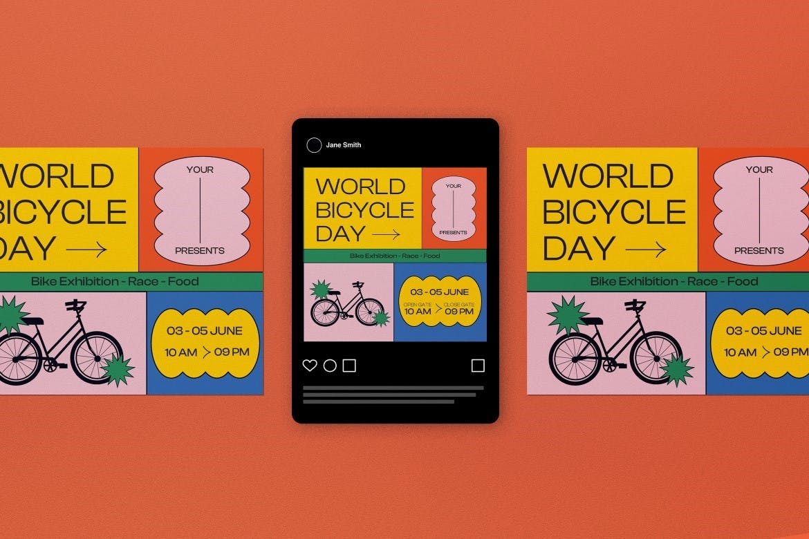 黄色几何图形世界自行车日海报设计模板 Yellow Geometric World Bicycle Day Flyer Set 设计素材 sucaiwan.com