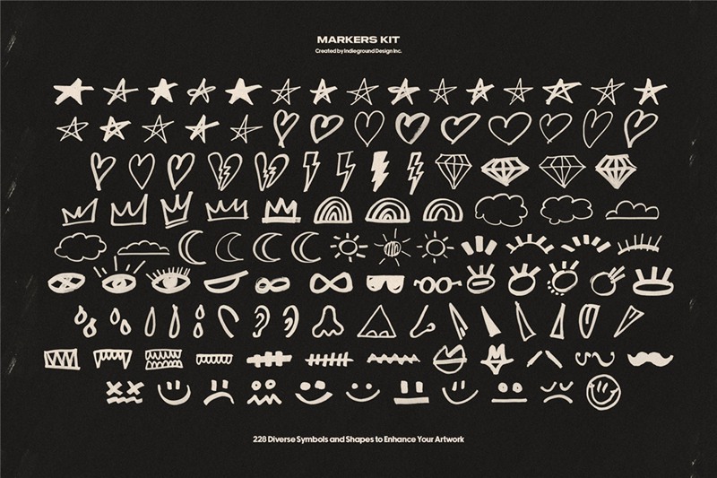 850个趣味灵感马克笔Y2K涂鸦笔触形状图形插画箭头标记PS笔刷纸张肌理设计套装 Markers Kit Indieground 笔刷资源 第7张-素材湾丨精选海外优质设计素材资源 850个趣味灵感马克笔Y2K涂鸦笔触形状图形插画箭头标记PS笔刷纸张肌理设计套装 Markers Kit Indieground 笔刷资源 sucaiwan.com