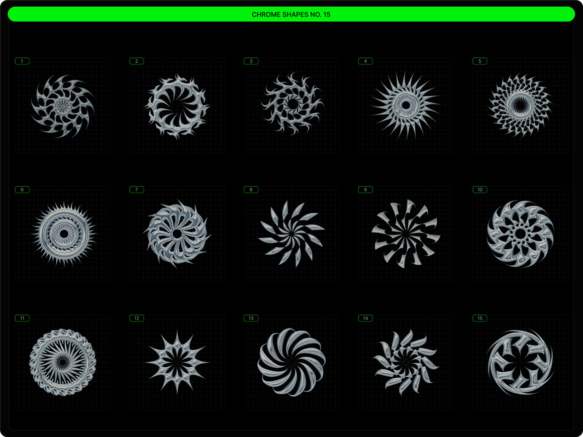 Blender模型： 潮流酸性艺术未来派镀铬镭射金属3D抽象装饰设计元素合辑 Enigma Chrome Set . sucaiwan.com