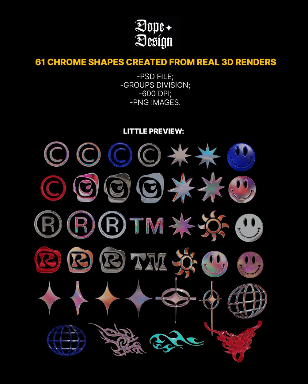 潮流酸性艺术抽象镀铬镭射金属渐变光泽立体形状PNG免抠图 Chrome Renders Shapes pack . sucaiwan.com