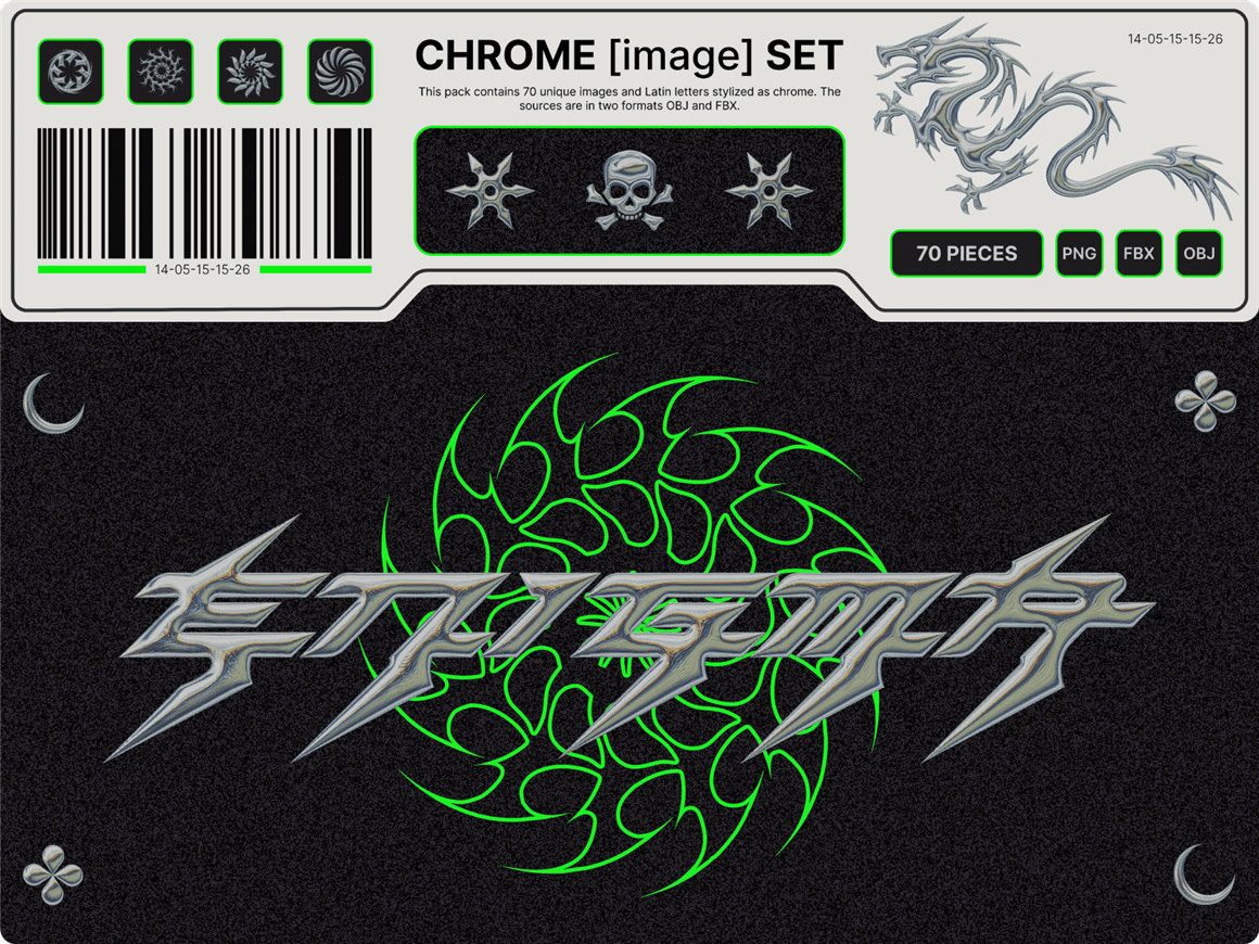 Blender模型： 潮流酸性艺术未来派镀铬镭射金属3D抽象装饰设计元素合辑 Enigma Chrome Set . sucaiwan.com