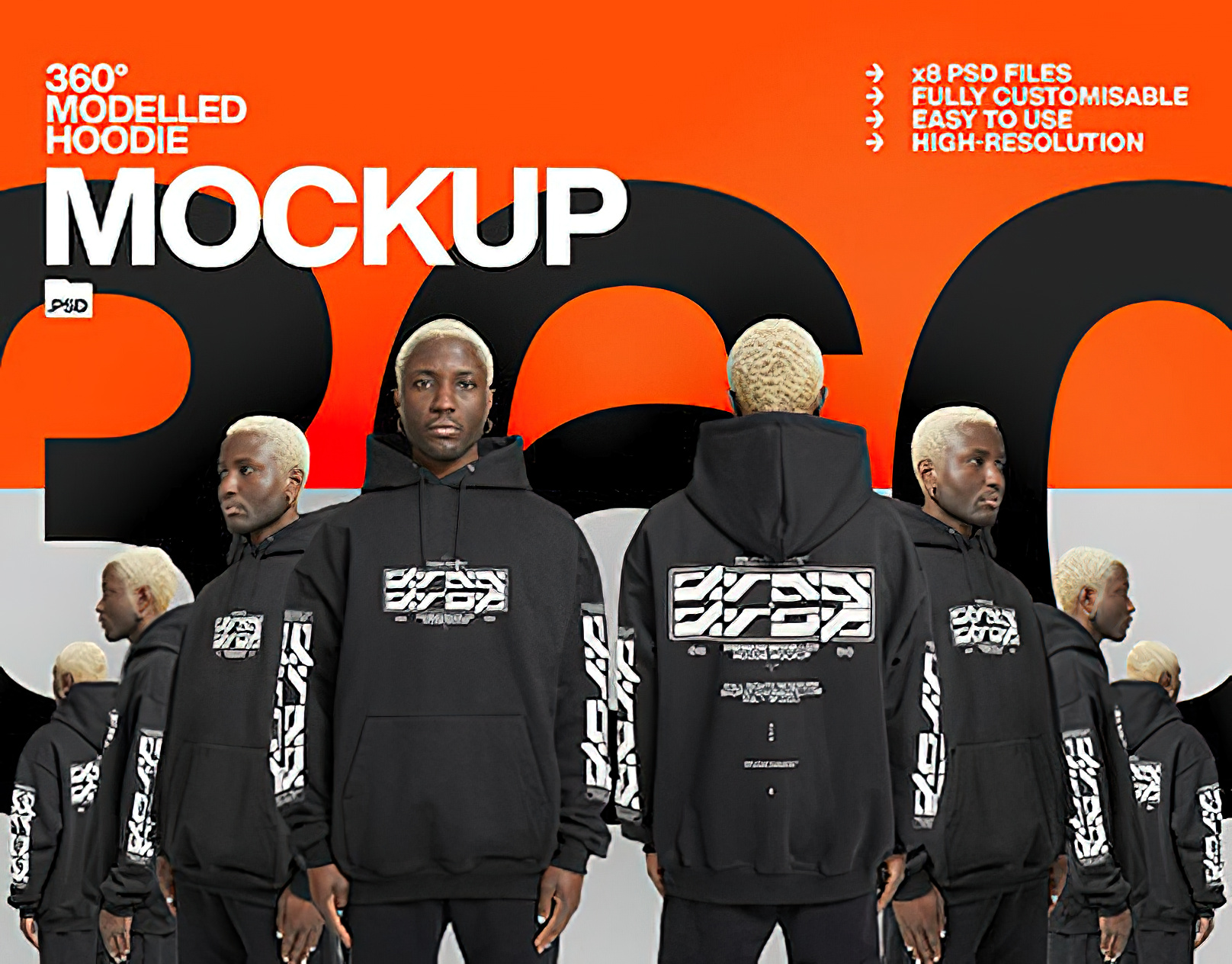 潮流街头嘻哈360°旋转超大款套头连帽衫卫衣上衣图案设计PS展示贴图样机模板 360° Oversized Modelled Hoodie by Studio Innate . sucaiwan.com