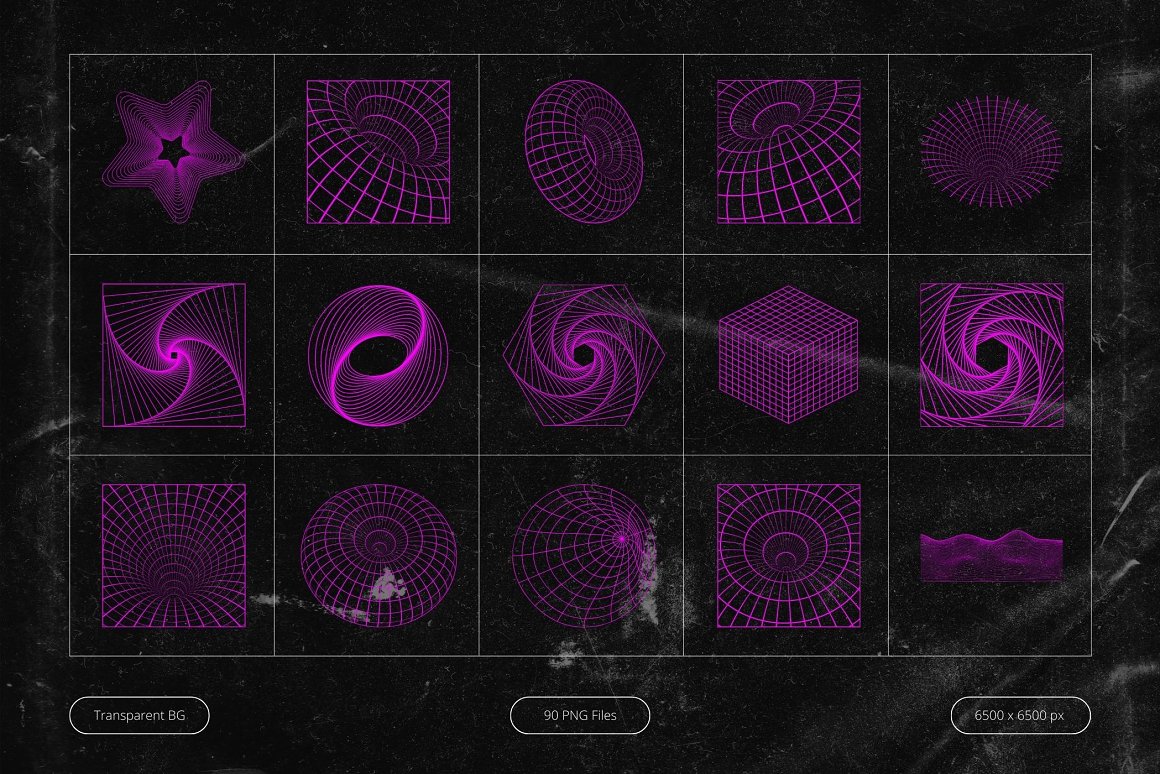 90款未来科幻霓虹复古Y2K赛博朋克抽象艺术几何图形PNG免抠图设计素材 Neon Pink Cyberpunk Shapes 图片素材 sucaiwan.com