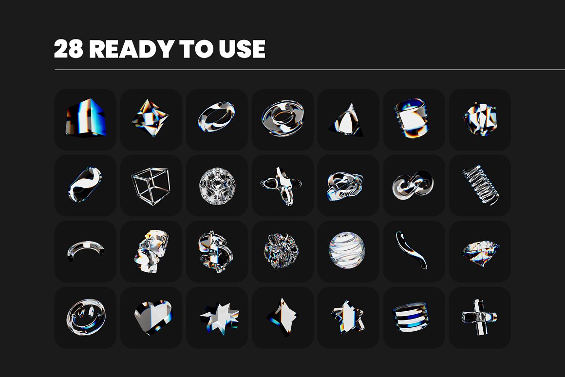 潮流镀铬镭射金属色散玻璃质感3D三维立体几何形状PS设计素材合集 Dispersion Glass 3D Shapes . sucaiwan.com