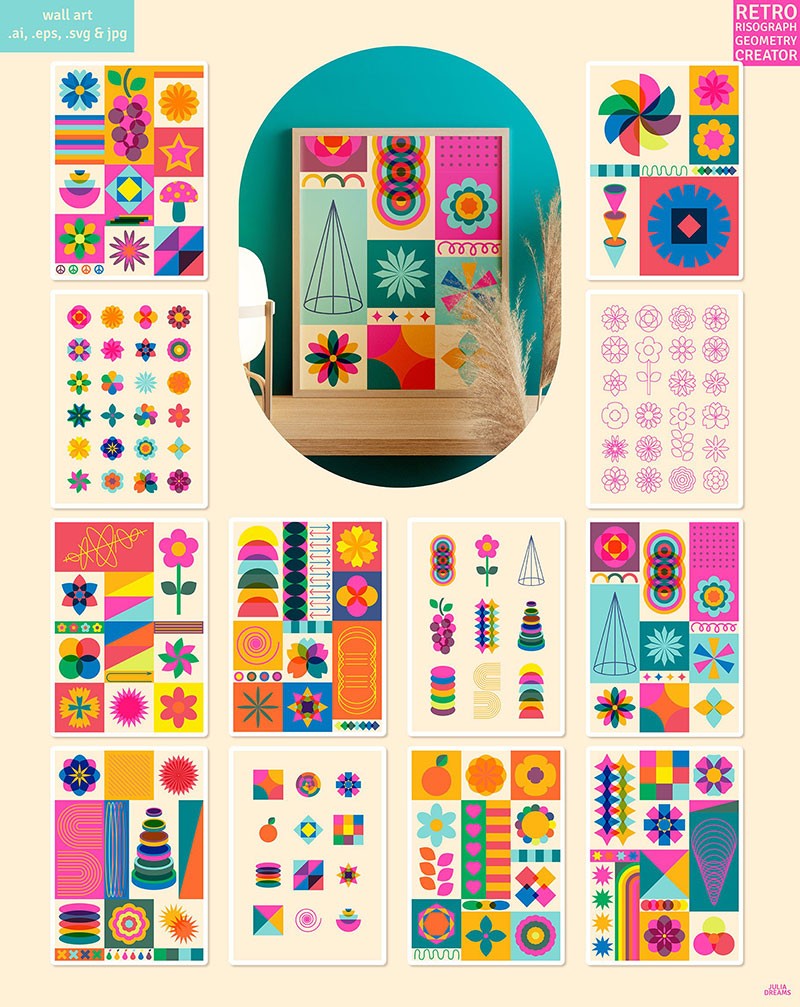 100+彩色复古几何艺术矢量包装图案，AI JPG格式 图片素材 sucaiwan.com