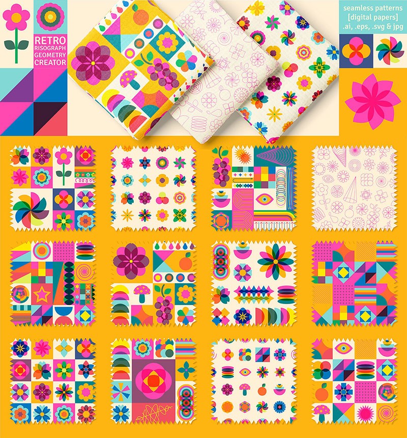 100+彩色复古几何艺术矢量包装图案，AI JPG格式 图片素材 sucaiwan.com