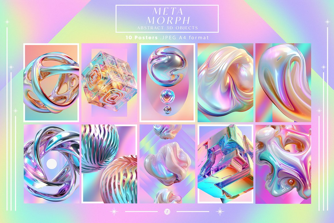 全息3D未来立体金属镀铬抽象几何渐变虹彩背景图片设计素材 MetaMorph Abstract 3D Objects . sucaiwan.com