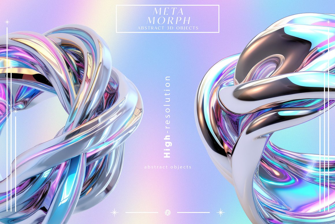 全息3D未来立体金属镀铬抽象几何渐变虹彩背景图片设计素材 MetaMorph Abstract 3D Objects . sucaiwan.com
