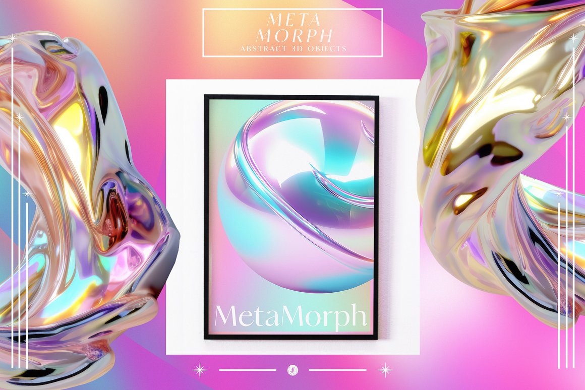 全息3D未来立体金属镀铬抽象几何渐变虹彩背景图片设计素材 MetaMorph Abstract 3D Objects . sucaiwan.com