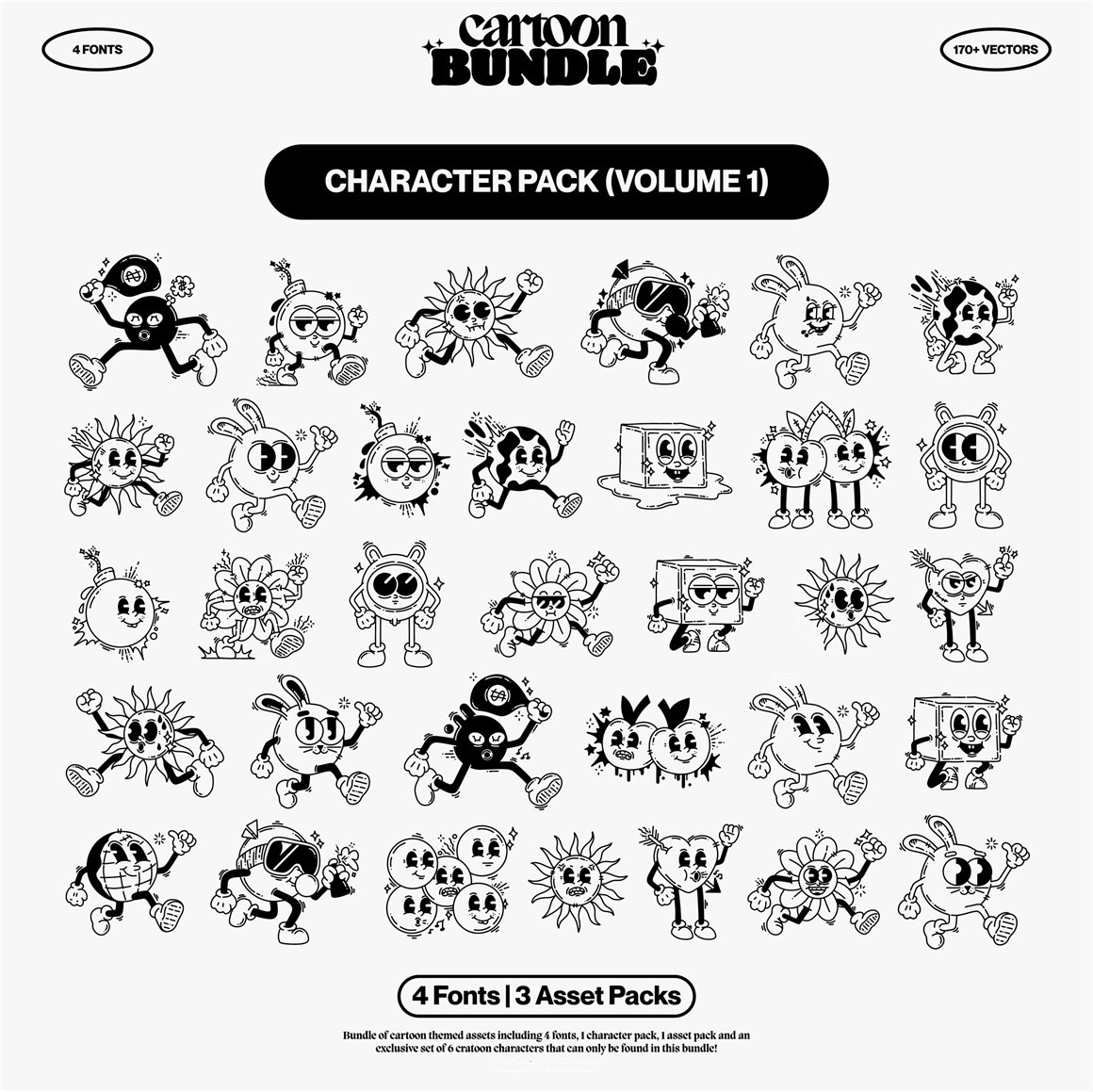 趣味卡通手绘涂鸦线条图形人物AI字体矢量图设计素材合集 hvnter – Cartoon Bundle 图片素材 sucaiwan.com