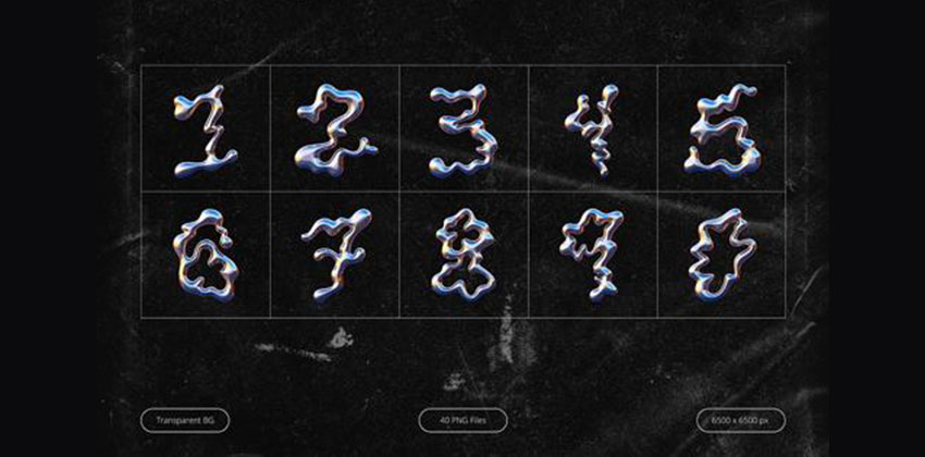 设计资源-40款液体镀铬字母和数字PNG素材 图片素材 sucaiwan.com