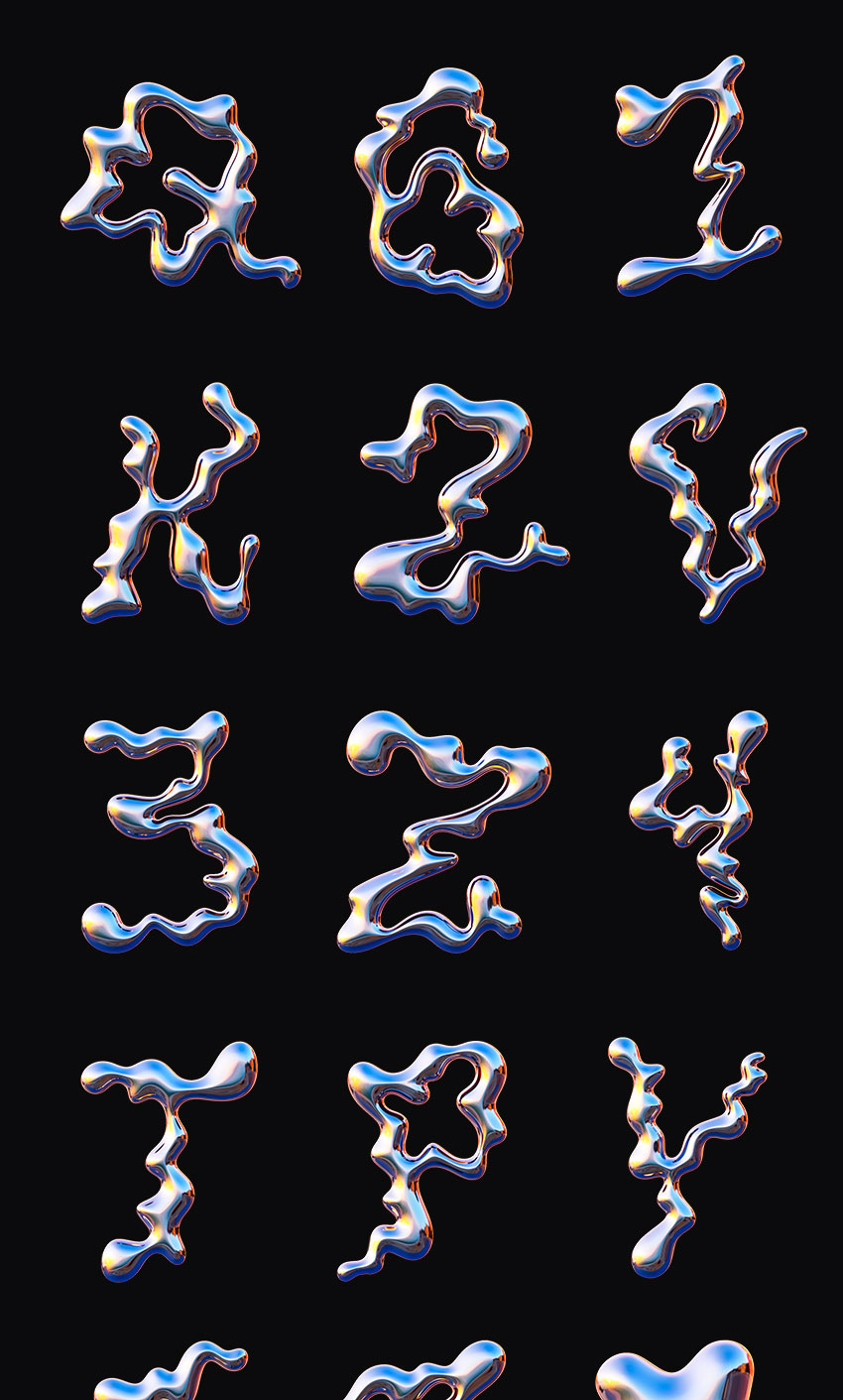 设计资源-40款液体镀铬字母和数字PNG素材 图片素材 sucaiwan.com