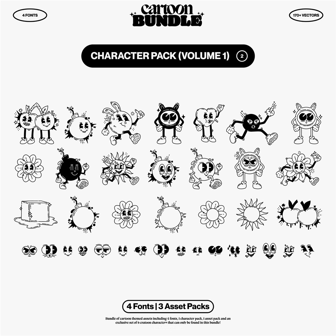 趣味卡通手绘涂鸦线条图形人物AI字体矢量图设计素材合集 hvnter – Cartoon Bundle 图片素材 sucaiwan.com