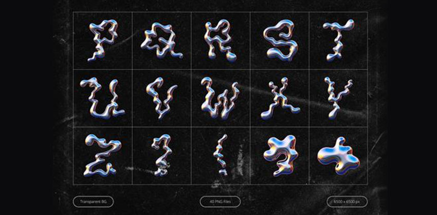 设计资源-40款液体镀铬字母和数字PNG素材 图片素材 sucaiwan.com