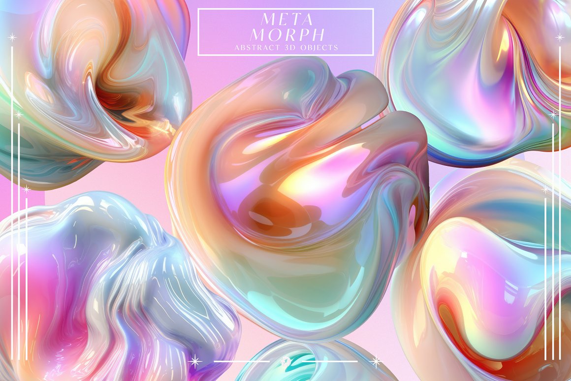 全息3D未来立体金属镀铬抽象几何渐变虹彩背景图片设计素材 MetaMorph Abstract 3D Objects . sucaiwan.com