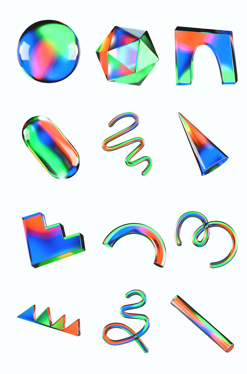 设计资源-40款3D几何渐变发光玻璃形状素材 图片素材 sucaiwan.com