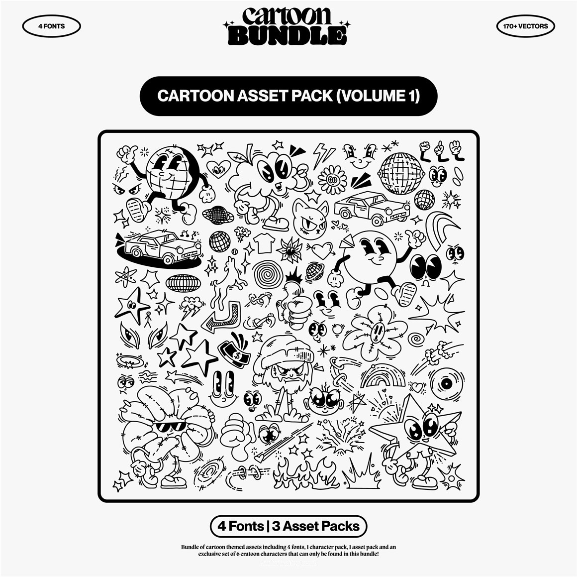 趣味卡通手绘涂鸦线条图形人物AI字体矢量图设计素材合集 hvnter – Cartoon Bundle 图片素材 sucaiwan.com