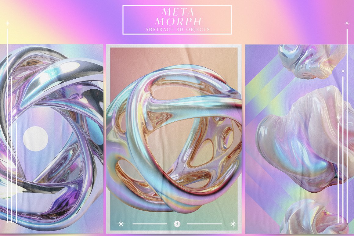 全息3D未来立体金属镀铬抽象几何渐变虹彩背景图片设计素材 MetaMorph Abstract 3D Objects . sucaiwan.com