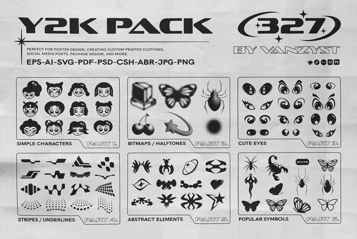 千禧Y2K复古半调像素位图趣味卡通抽象几何插画头像图标logo徽标AI矢量设计套装 Y2K 327 Characters Halftones Shapes by Vanzyst 图片素材 sucaiwan.com