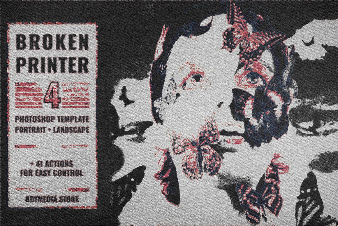 迷人老式做旧艺术肮脏彩色笔触模拟损坏打印机效果PSD模板 Broken Printer 4 PSD Template 插件预设 sucaiwan.com