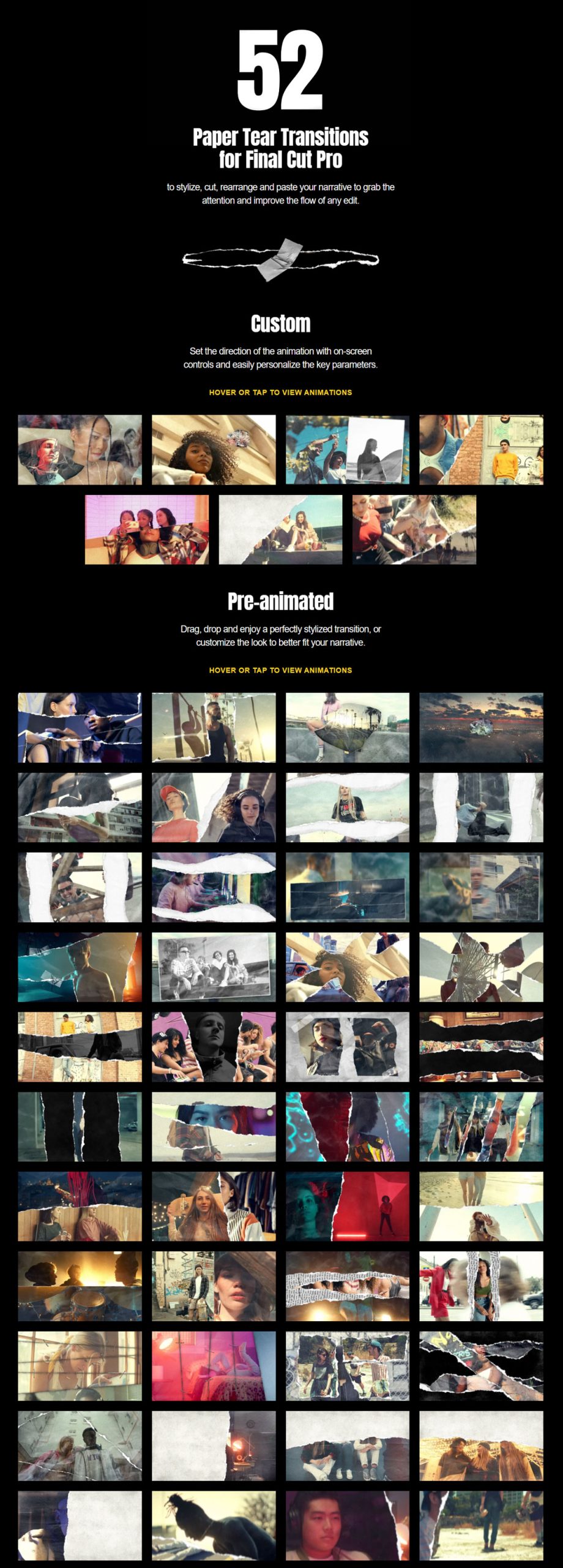 FCPX插件：52个创意杂志撕纸折痕剪切拼贴风格化转场过渡插件包 MotionVFX mTransition Paper Rip 插件预设 sucaiwan.com