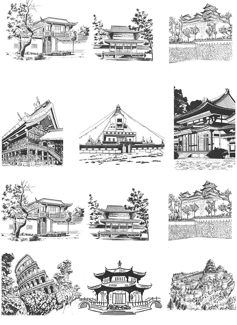 古代建筑线稿PS+Procreate笔刷 笔刷资源 sucaiwan.com