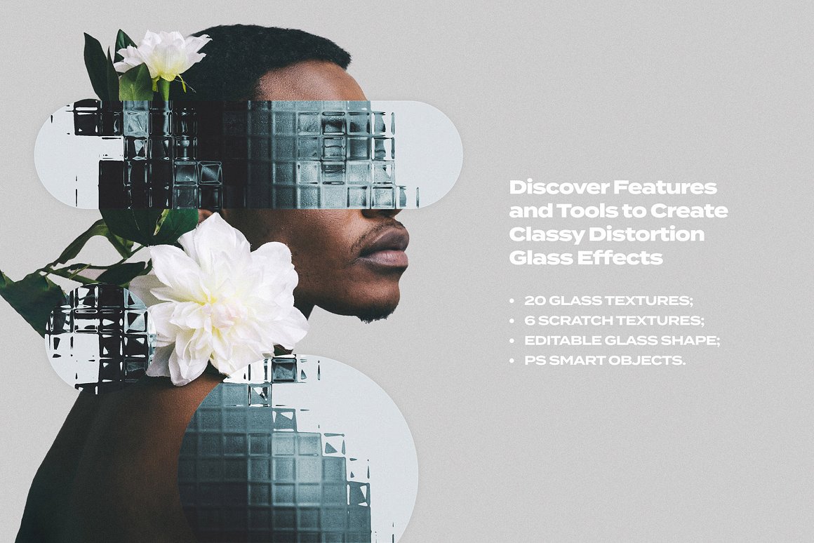创意抽象艺术玻璃神秘扭曲划痕纹理视觉效果PSD样机模板 Refraction & Distortion Glass Effect 样机素材 sucaiwan.com