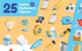 25个独特优质的即用型逼真工作台办公用品文具3D图标包 Stationery 3D Icons