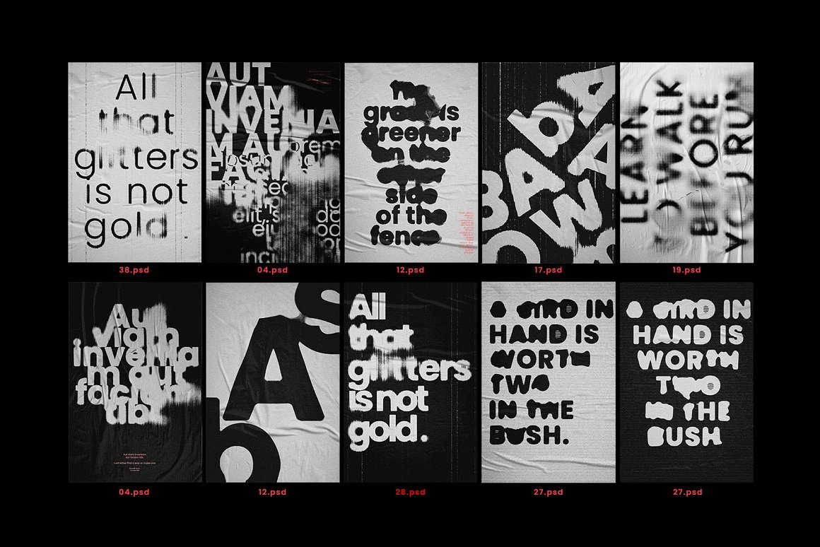 Inartflow 40个抽象艺术酸性墨迹故障置换扭曲类型失真海报PSD样机模板 样机素材 sucaiwan.com