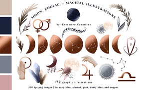 172张黄道十二宫、月相和星座插图PNG