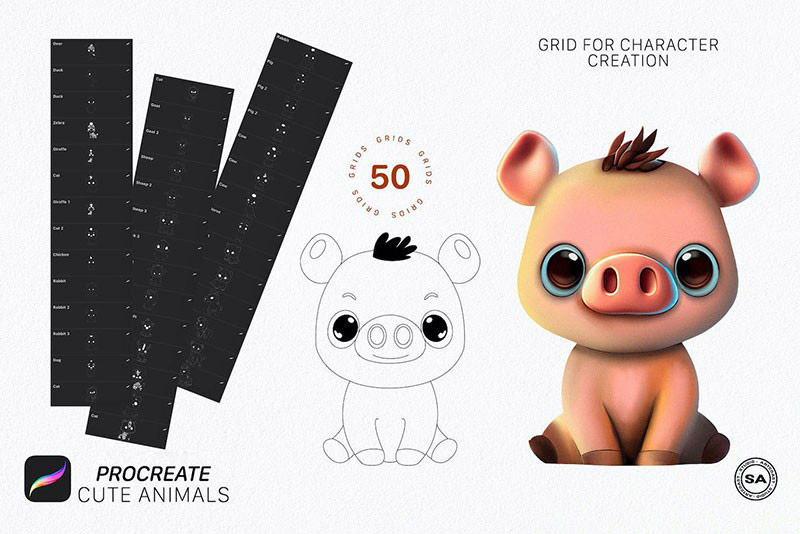 50个动物卡通线描画Procreate笔刷 笔刷资源 sucaiwan.com