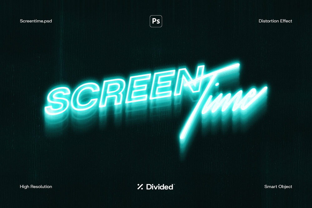Divided 荧光屏幕时间发光二极管效果霓虹文字失真图层样式PSD样机模板 Screentime 样机素材 sucaiwan.com
