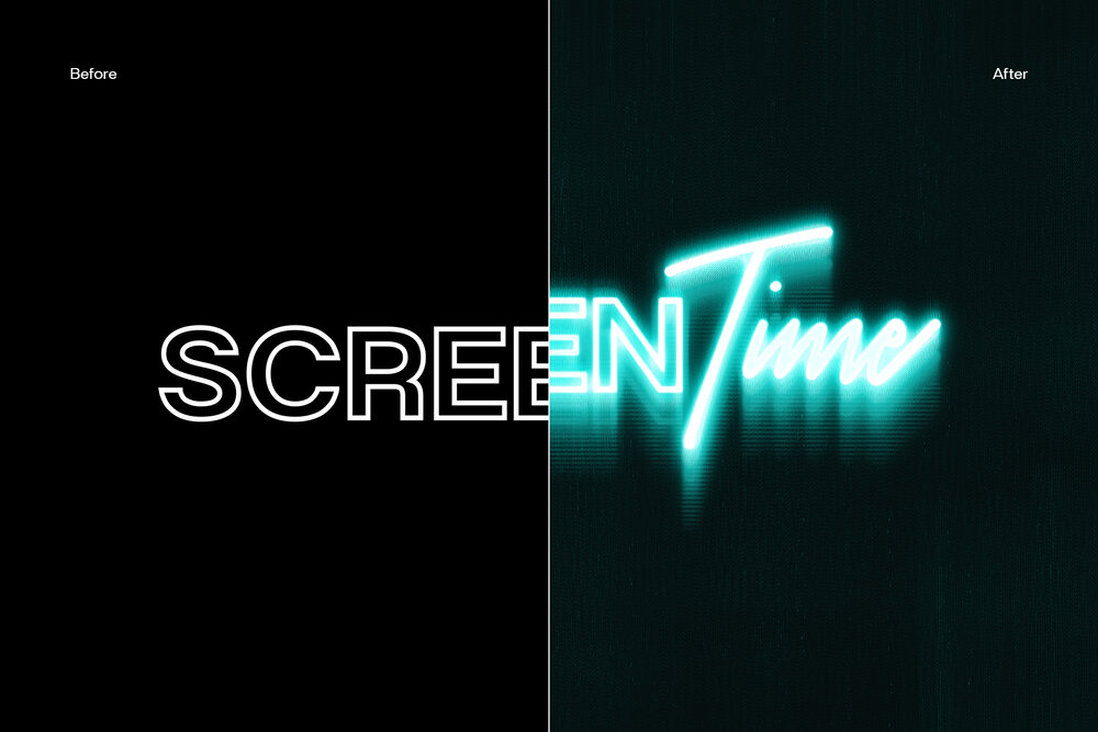 Divided 荧光屏幕时间发光二极管效果霓虹文字失真图层样式PSD样机模板 Screentime 样机素材 sucaiwan.com