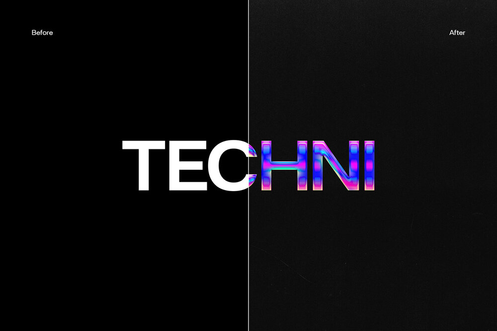 Divided 彩色镀铬荧光炫彩文字失真图层样式PSD样机模板 Techni 样机素材 sucaiwan.com