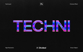 Divided 彩色镀铬荧光炫彩文字失真图层样式PSD样机模板 Techni