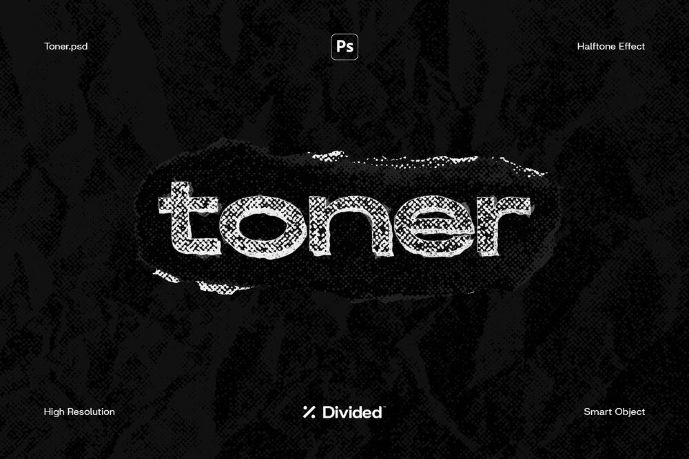 Divided 酸性金属像素化半调风格文字失真图层样式PSD样机模板 Toner 样机素材 sucaiwan.com