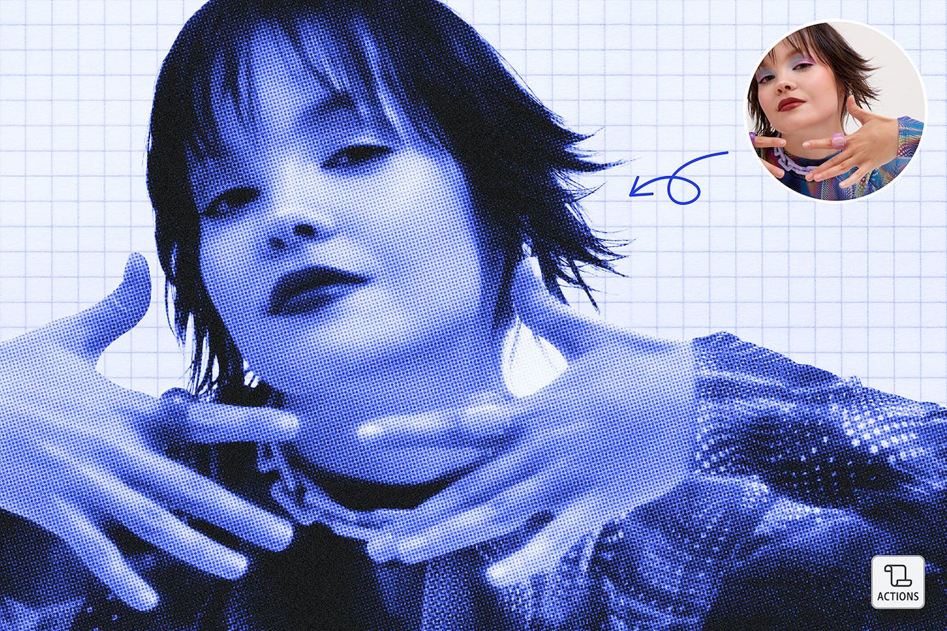 复古Y2K美学半色调风格像素化人物实验性海报杂志封面设计PS动作 . 第2张-素材湾丨精选海外优质设计素材资源 复古Y2K美学半色调风格像素化人物实验性海报杂志封面设计PS动作 . sucaiwan.com