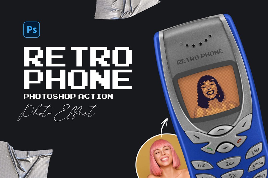 复古像素风LOGO头像艺术诺基亚旧手机绿橙蓝网格叠加效果PS动作 Retro Phone Photoshop Action 插件预设 第1张-素材湾丨精选海外优质设计素材资源 复古像素风LOGO头像艺术诺基亚旧手机绿橙蓝网格叠加效果PS动作 Retro Phone Photoshop Action 插件预设 sucaiwan.com