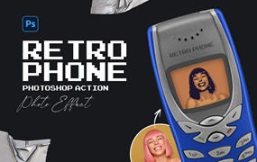 复古像素风LOGO头像艺术诺基亚旧手机绿橙蓝网格叠加效果PS动作 Retro Phone Photoshop Action
