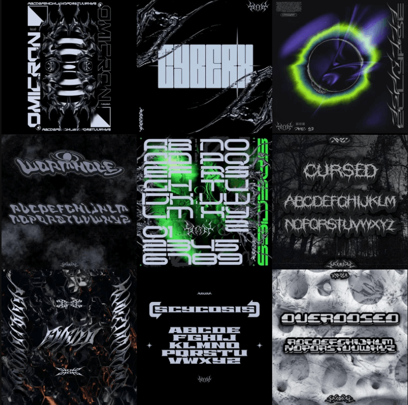 赛博机能复古酸性艺术异形装饰字体 Y2K Font Collection 设计素材 sucaiwan.com