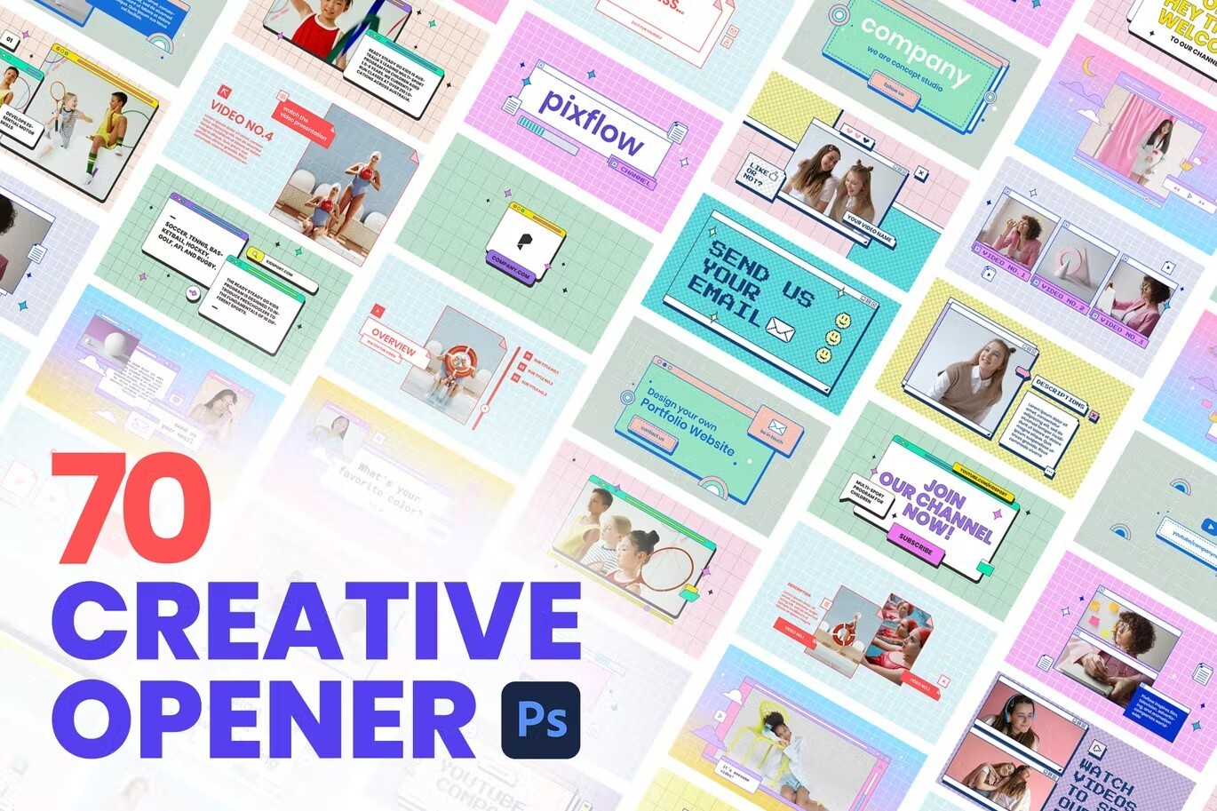 70个孟菲斯风创意弹窗对话框场景PSD模板包 Creative Opener Pack 设计素材 sucaiwan.com