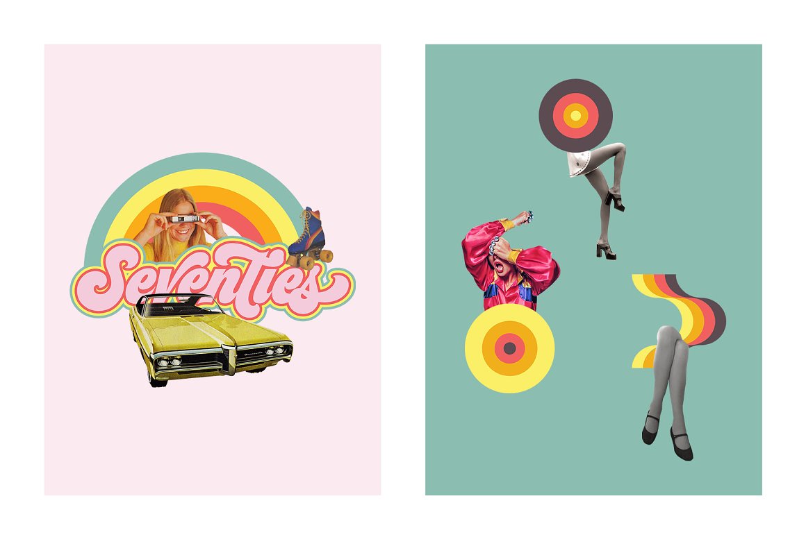 70年代超现实剪纸手工拼贴艺术包迷人的美式复古无缝图案 1970s Collage Art Pack 图片素材 sucaiwan.com