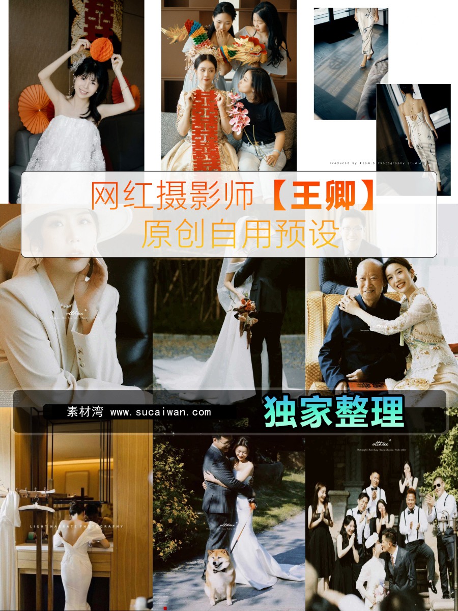 抖音小红书网红摄影师【王卿】婚礼跟拍/宴会跟拍LR预设 婚纱婚礼万能预设 胶片预设11款 电脑版ps/lr预设配置文件滤镜附教程 插件预设 sucaiwan.com
