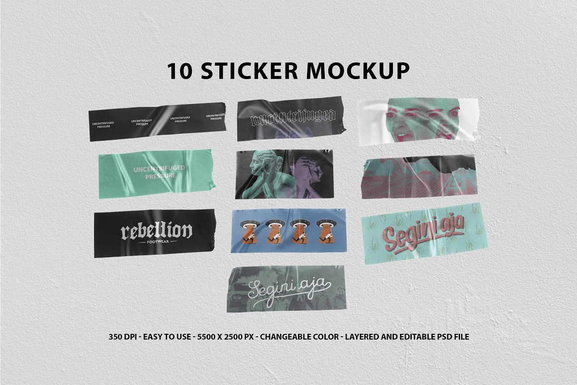 10个高分辨率艺术美学手工剪切做旧贴纸PSD样机 10 Realistic Sticker Mockup 样机素材 sucaiwan.com