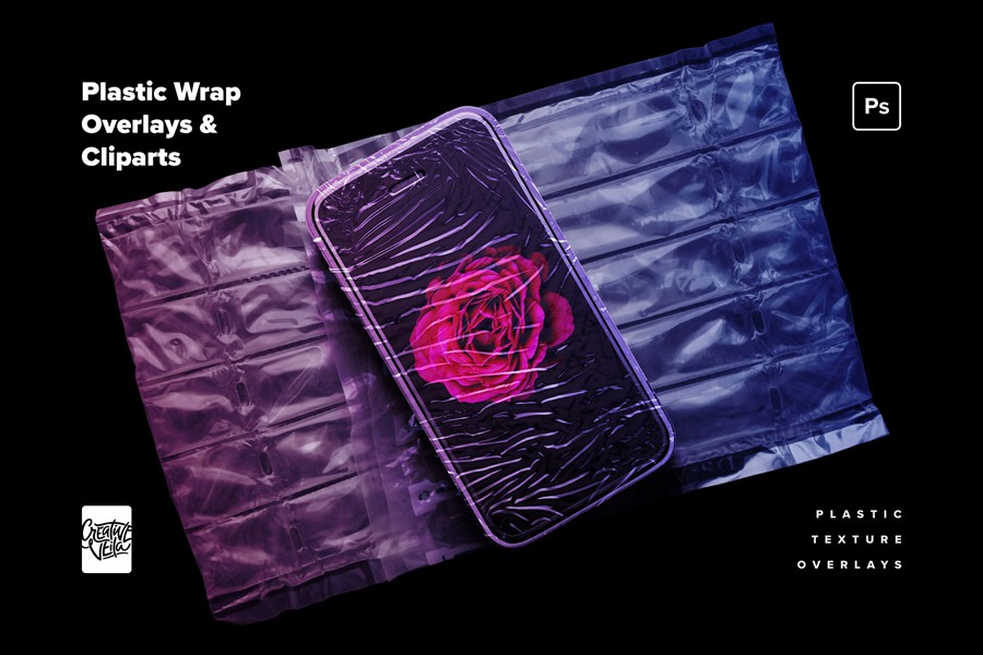 复古霓虹美学赛博朋克风格褶皱透明塑料渐变纹理叠加PSD样机 plastic-wrap-overlays-cliparts 样机素材 sucaiwan.com