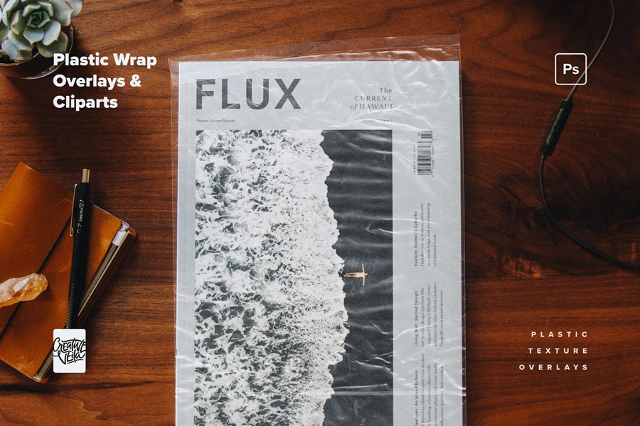 复古霓虹美学赛博朋克风格褶皱透明塑料渐变纹理叠加PSD样机 plastic-wrap-overlays-cliparts 样机素材 sucaiwan.com