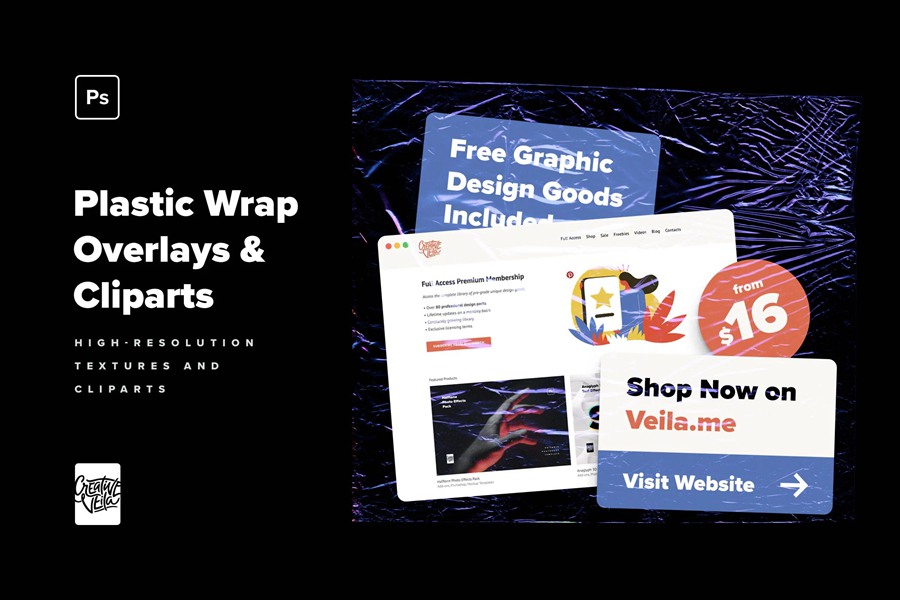 复古霓虹美学赛博朋克风格褶皱透明塑料渐变纹理叠加PSD样机 plastic-wrap-overlays-cliparts 样机素材 sucaiwan.com