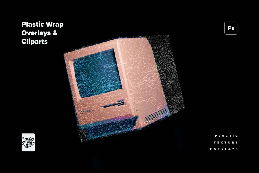 复古霓虹美学赛博朋克风格褶皱透明塑料渐变纹理叠加PSD样机 plastic-wrap-overlays-cliparts 样机素材 sucaiwan.com