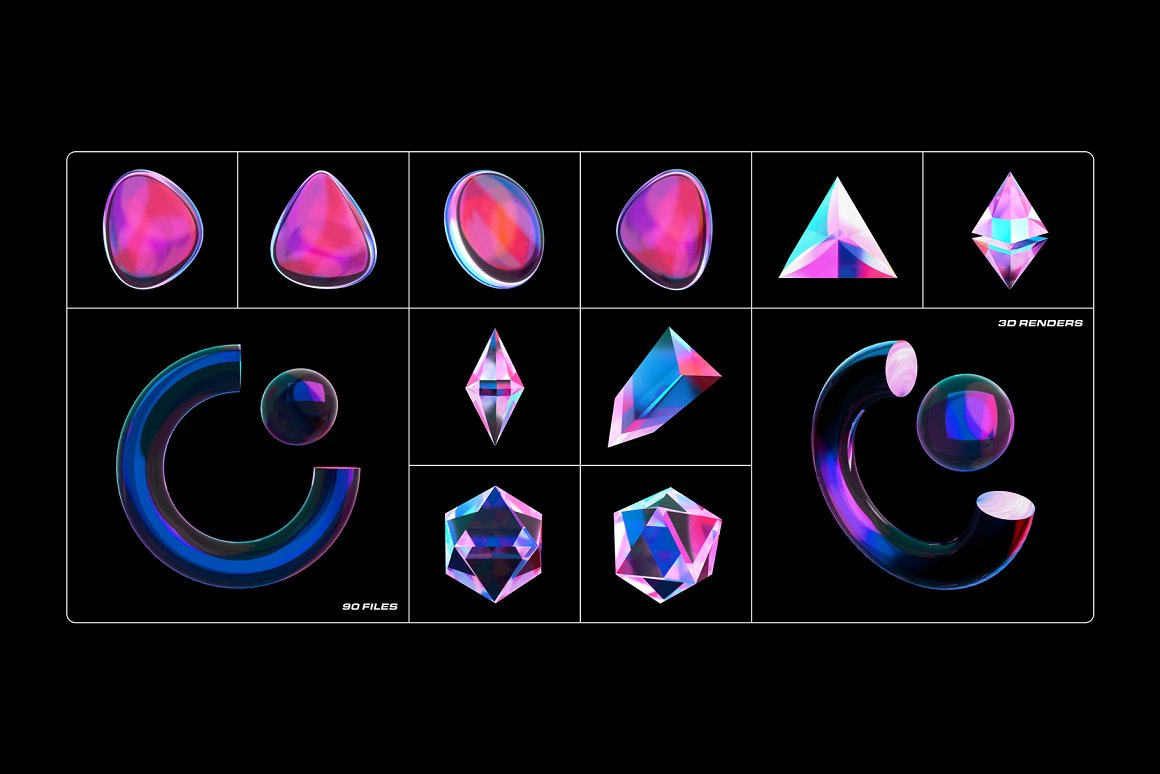 90款全息渐变透明多彩玻璃水晶抽象艺术3D流体几何PNG免抠图设计素材 Fluid Glass 3D Shapes 图片素材 sucaiwan.com